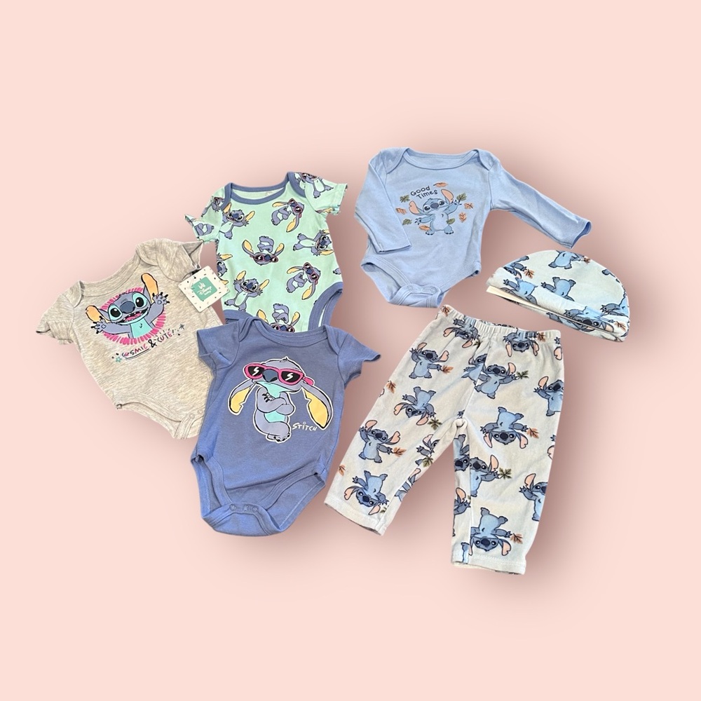 Disney Baby Stitch Body Suits, Pants And Hat Set Size 6/9 Months